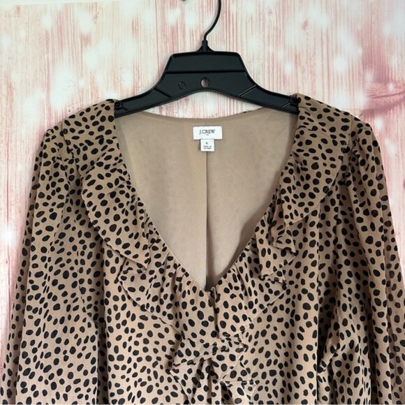 J. Crew Factory Camel Tan Spot Print Ruffle Front Blouse - Picture 2 of 10